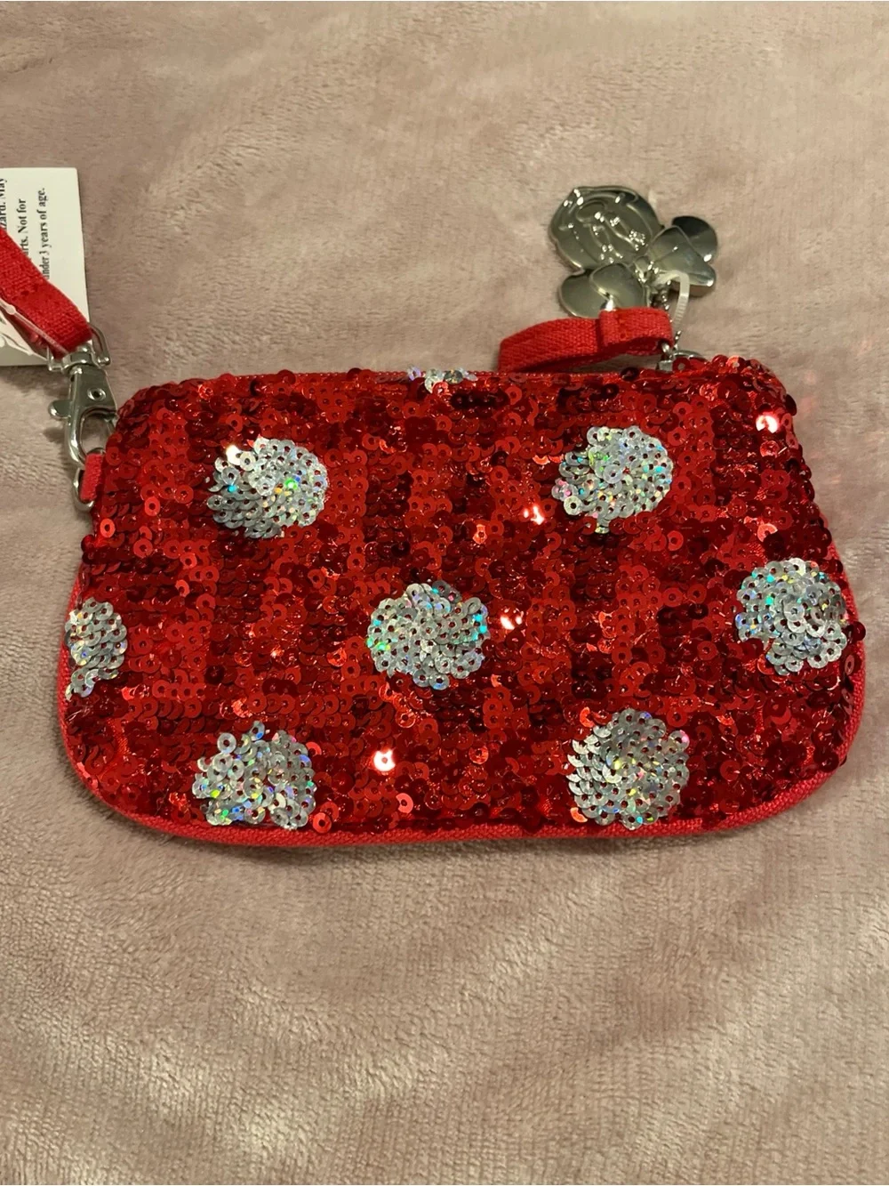 Disney Parks Minnie Mouse Red Sequin Polka Dot Wristlet Pouch with Charm